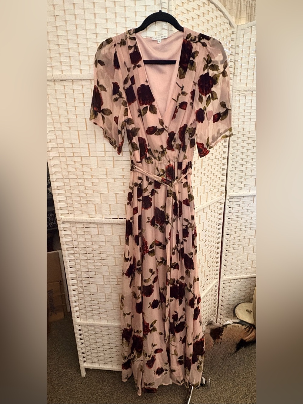 Baltic Born Parisian Velvet Blush Pink Floral Wrap Maxi Dress with Wine Blooms - Picture 3 of 9